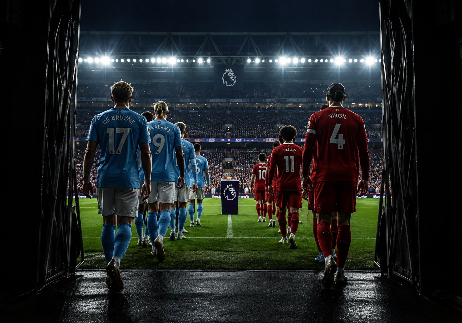 Premier League players walking out of the tunnel into a packed, floodlit stadium